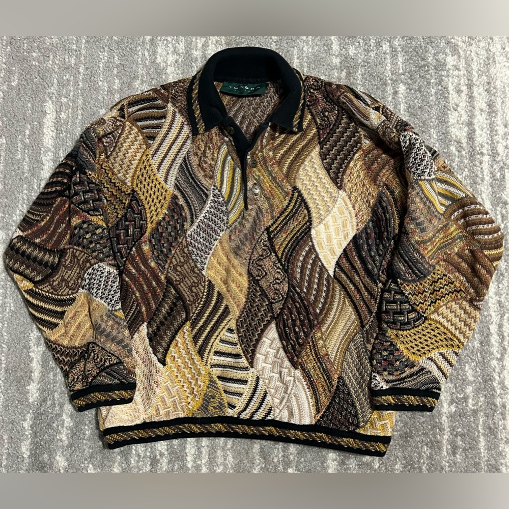 Vintage Tundra Canada Sweater Mens Sz L Coogi Style 3D Knit Neutrals Collared